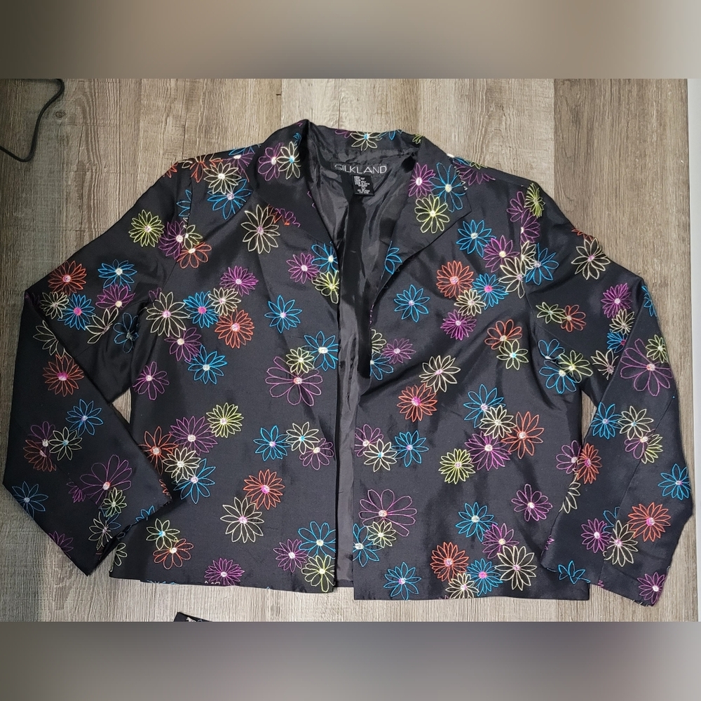 SilkLand 100% Silk Abstract Floral Open Front Jacket Women's Size Large